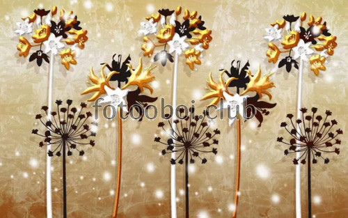 цветы, золото, одуванчики, 3д, 3d, абстракция